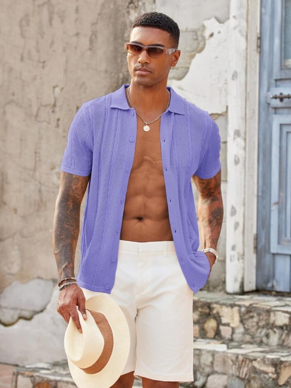 Men’s Light Purple Knit Button-Down Polo Summer Beach Casual Top Shirt - Picture 3 of 5